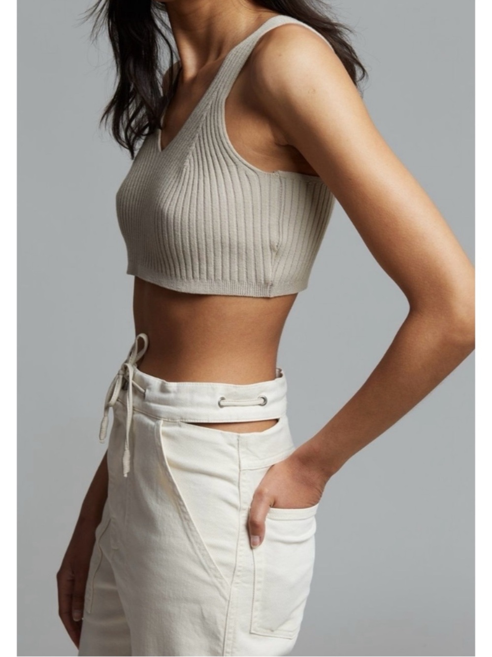Frankie’s Shop Women’s Ribbed Bralette Size Large Taupe V-neck Sweater Tank